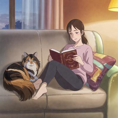 The primary subject of the image is a woman sitting on a couch, reading a book. The setting is a cozy living room, with a cat sitting next to her. The visual style is an animated illustration, giving the scene a warm and inviting atmosphere. The colors are predominantly warm and earthy tones, with the woman's pink shirt and the book's cover adding a touch of brightness to the scene.